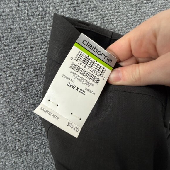 NWT Claiborne Pleated Pants Charcoal Gray 32x32 Stretch Waistband Herringbone - Picture 11 of 13